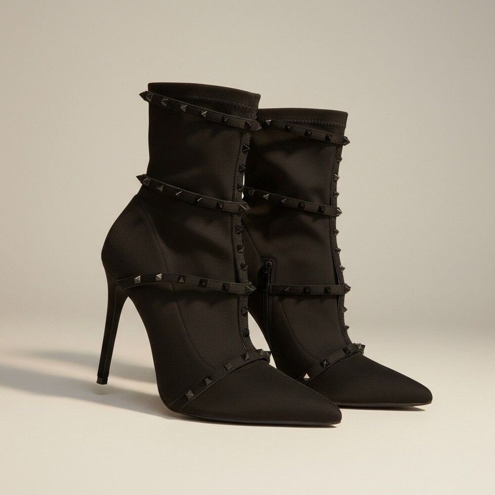 Olivia Jaymes Baylee- Black Lycra Studded High Heel Sock Booties Size 9
